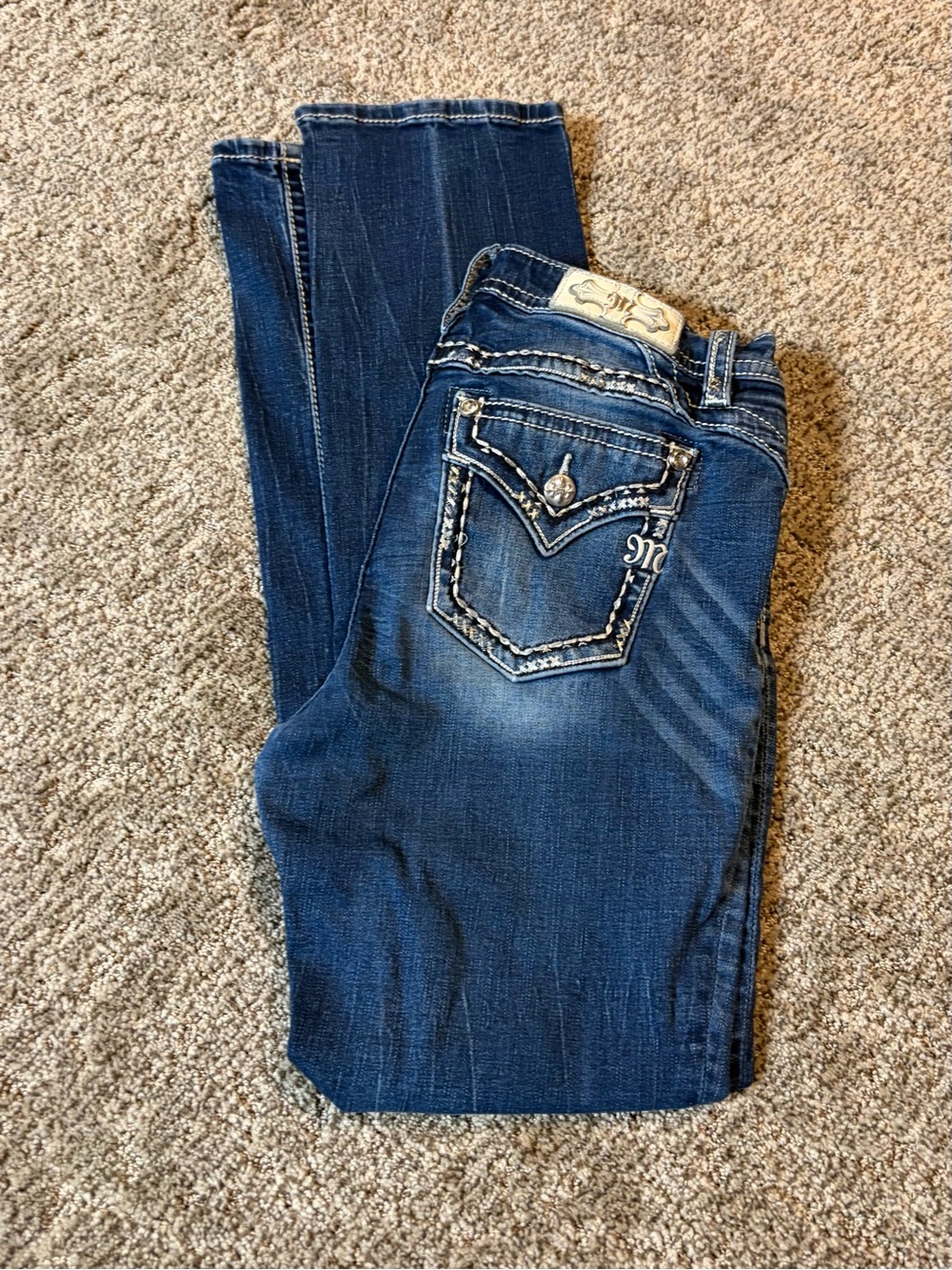 Miss Me Dark Blue Mid-Rise Straight Leg Jeans with Embroidered Back Pocket